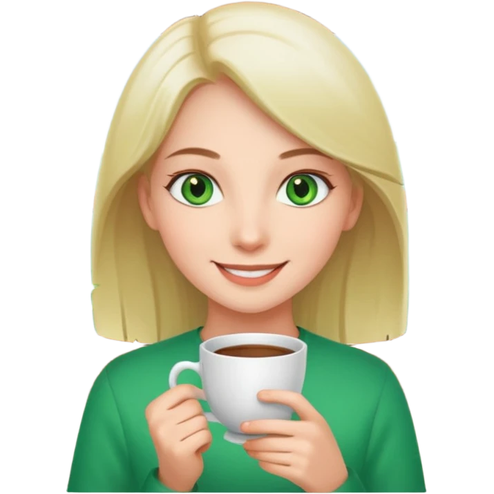 smiling girl with cup indoors green eyes emoji