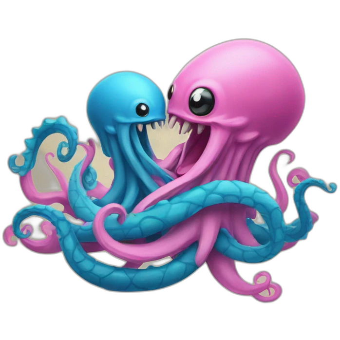 a blue kraken fighting  with another pink kraken emoji