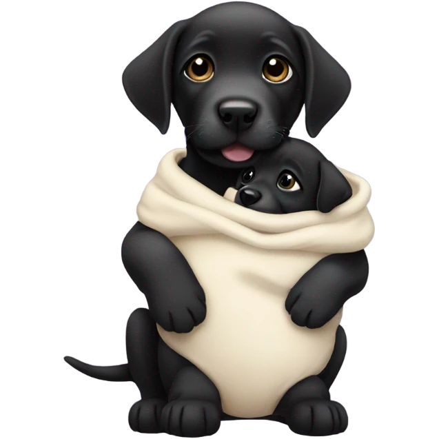 Black Labrador puppy holding a baby emoji
