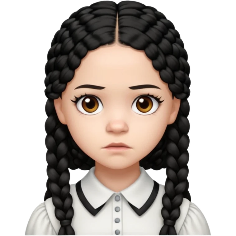 Draw Jenna Ortega with pale skin, black braids, white-collared dress & serious expression. emoji