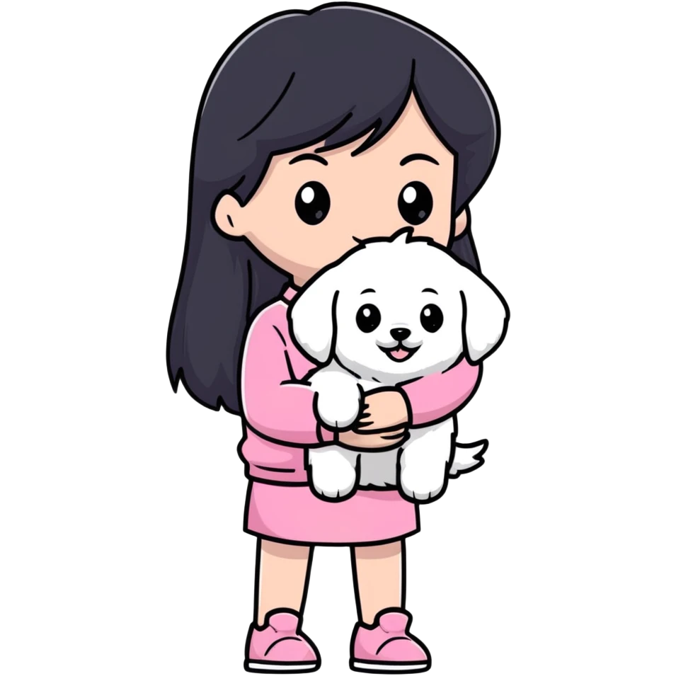Beautiful girl with long straight black hair, fair skin, wearing pink clothes, holding a pure white fluffy Maltese dog emoji