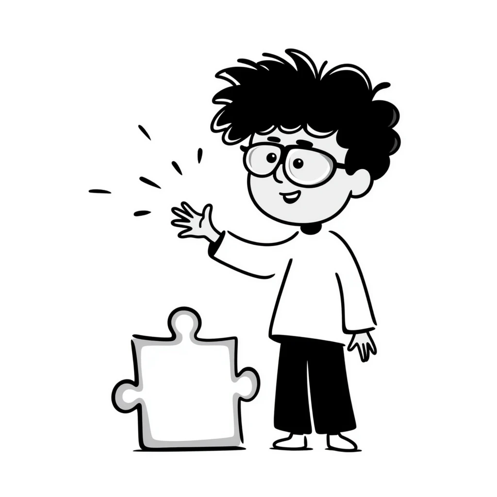 hand-drawn genius boy with wild hair, glasses, and a puzzle piece symbol emoji