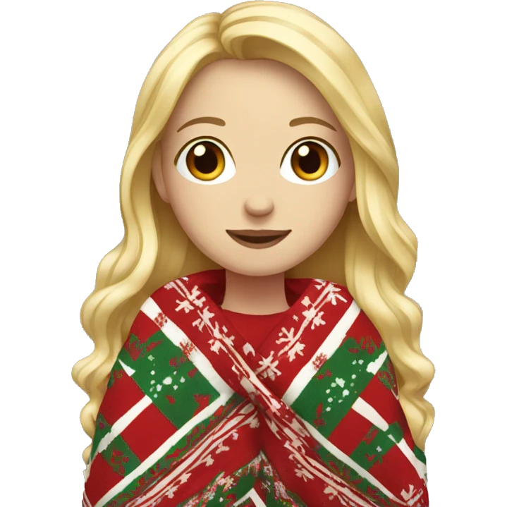 white female, long blonde hair, wearing a patterned christmas blanket emoji