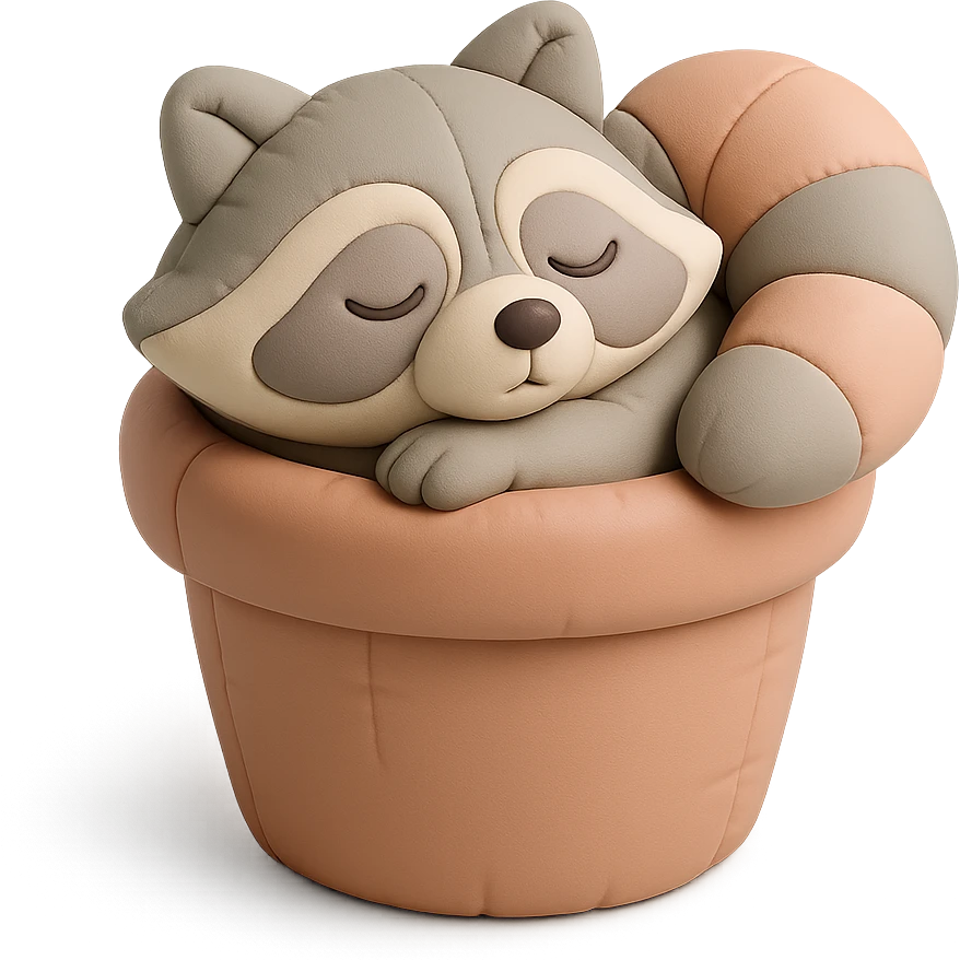 Sleepy raccoon inside a flower pot, pastel earthy colors, soft pastel colors, high-quality design, cushion style emoji