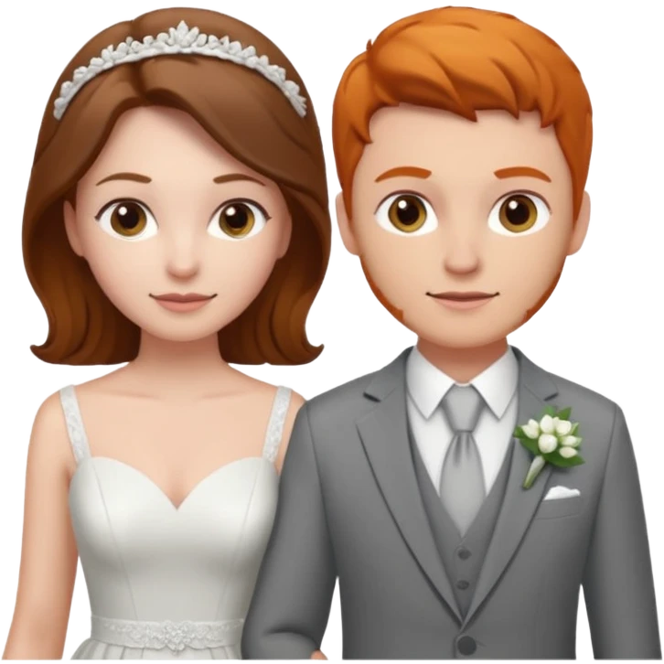 make us a wedding couple. one on left in a dress, brunette. one on right, ginger in a suit. both girls emoji
