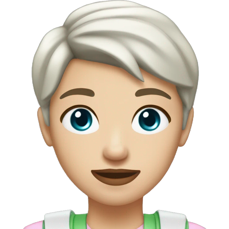 A brunette girl with a pixie cut, she has light pink lips, is white, and has hazel blue eyes. she wears a light green shirt, a white vest over, and a light red choker. She is a field medic emoji