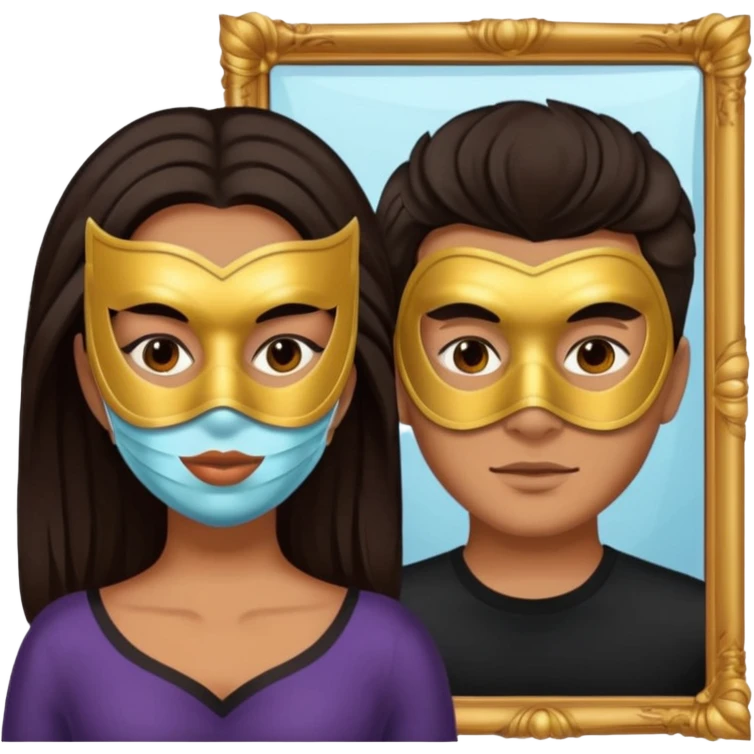 Man on mask in mirror behind woman emoji