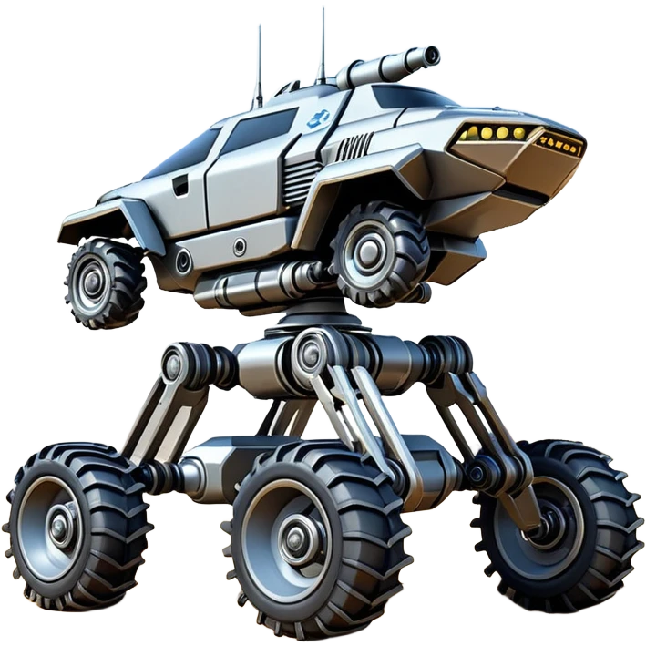 Futuristic jumping four-legged armored canine sporty self-balancing massive mech trail assault vehicle motor-in-wheel side-hill leaning actively robotically articulating hydraulic independent suspended pod gimbal defender antique off-road racing rover with large fast engine basher crawler megatron  emoji