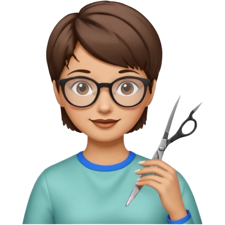 Happy woman with very short hair and glasses having haircut  with scissorsemoji emoji