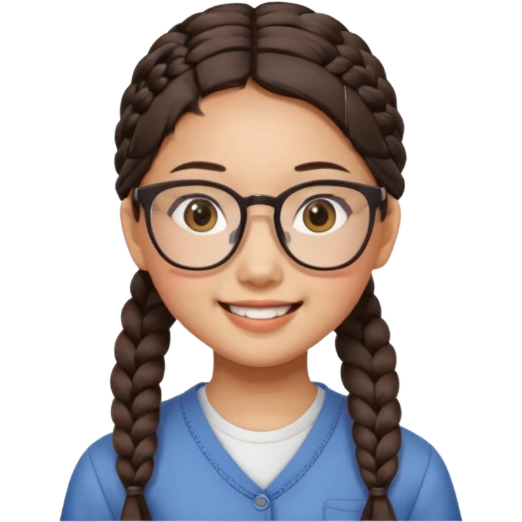 Asian girl, 14, side braid, square glasses, face tilted, loud smile emoji