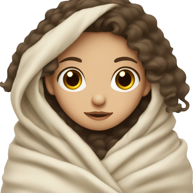 Pale girl with wavy dark hair brown eyes wrapped in a blanket cozy  emoji
