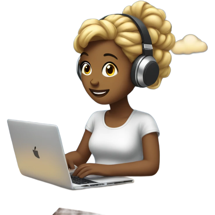 a girl with laptop with a bun hair, headphone, clouds and light bulbs in background emoji