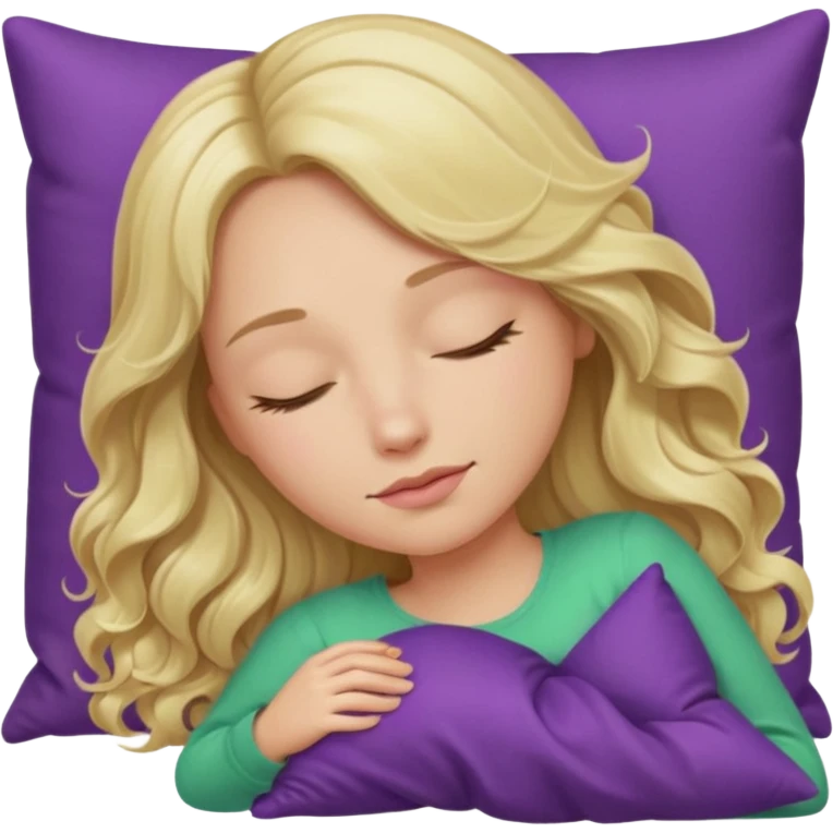 lady with long wavy blonde hair, purple top, green eyes, head on pillow, sleeping emoji