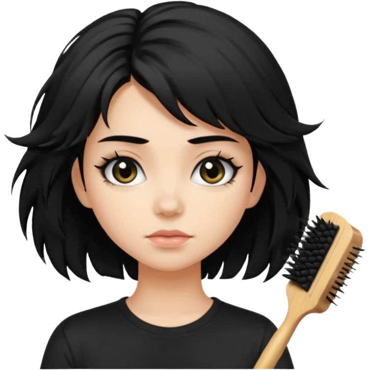 a pretty bratz fair girl with messy shaggy black hair with mascara smudged wearing a tight black tee with a hair brush stuck in hair emoji