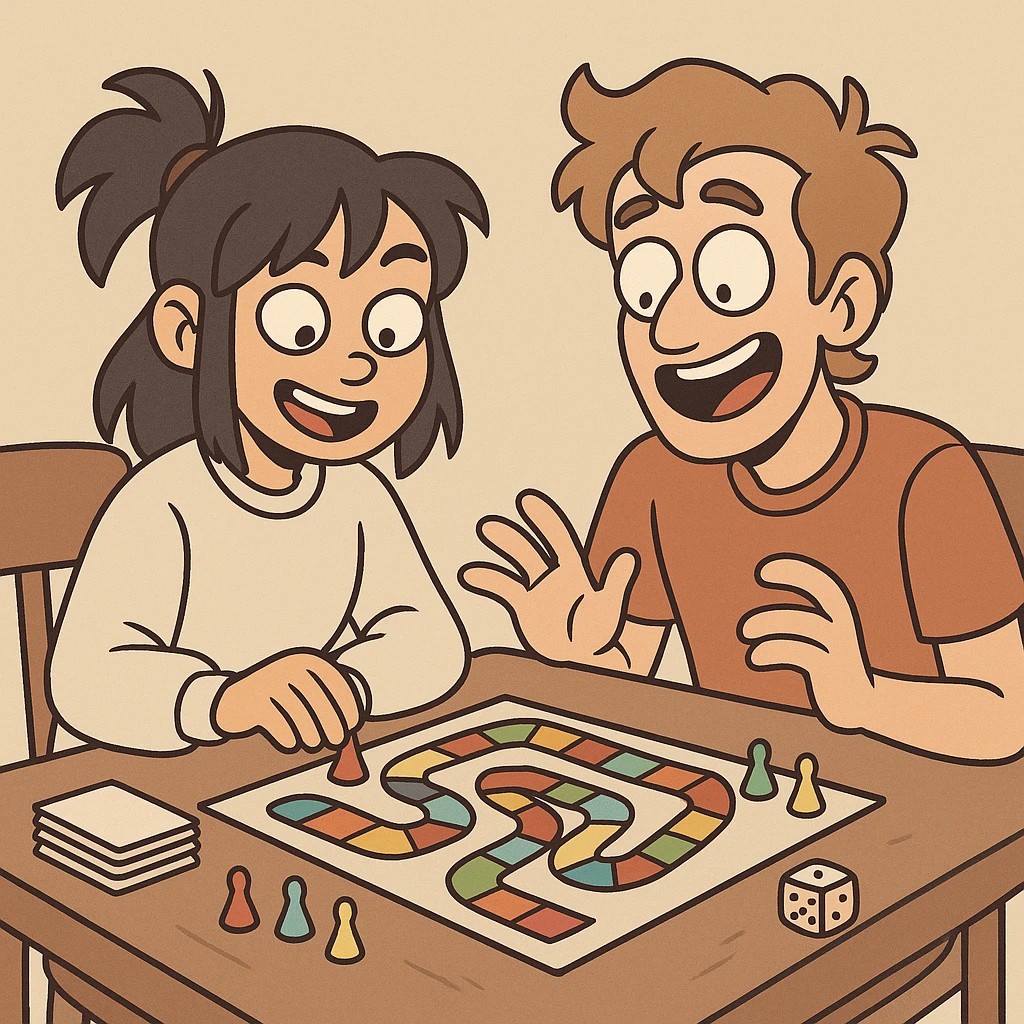 two friends, one asian girl, playing a boardgame, flat toon style emoji