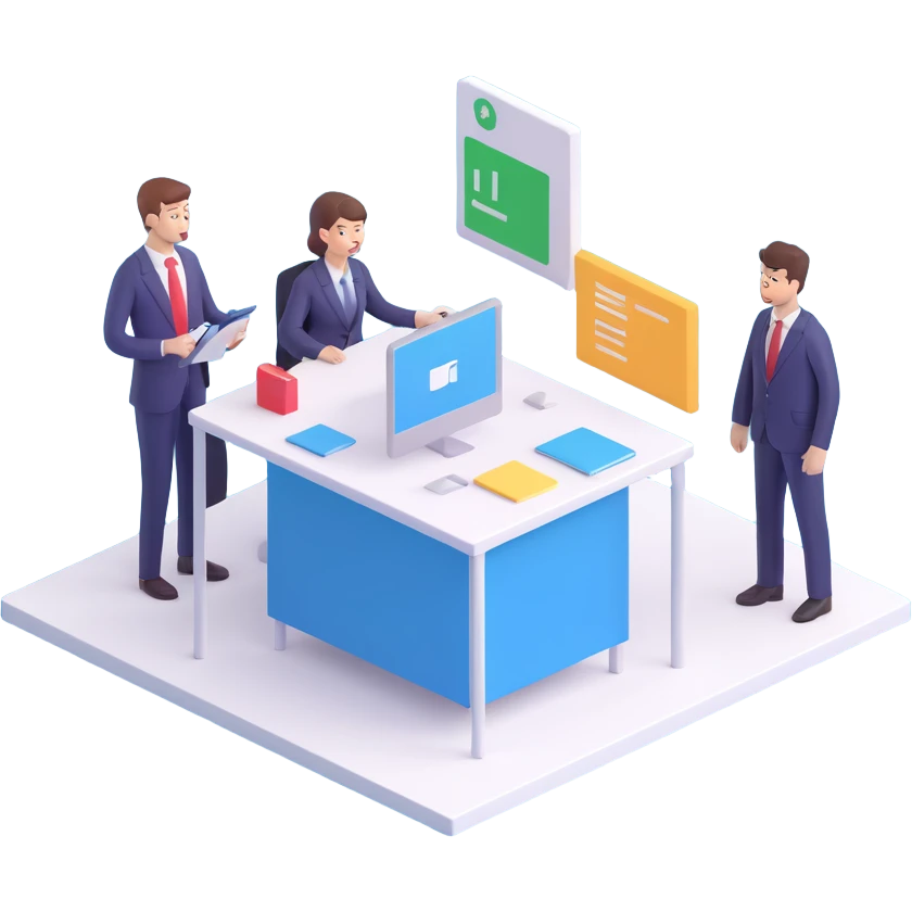 Enhance the business process scene by adding more personalization details such as unique avatars, custom icons, and individualized elements on the flowchart and gears, while maintaining the same 3D emoji style and overall composition. emoji