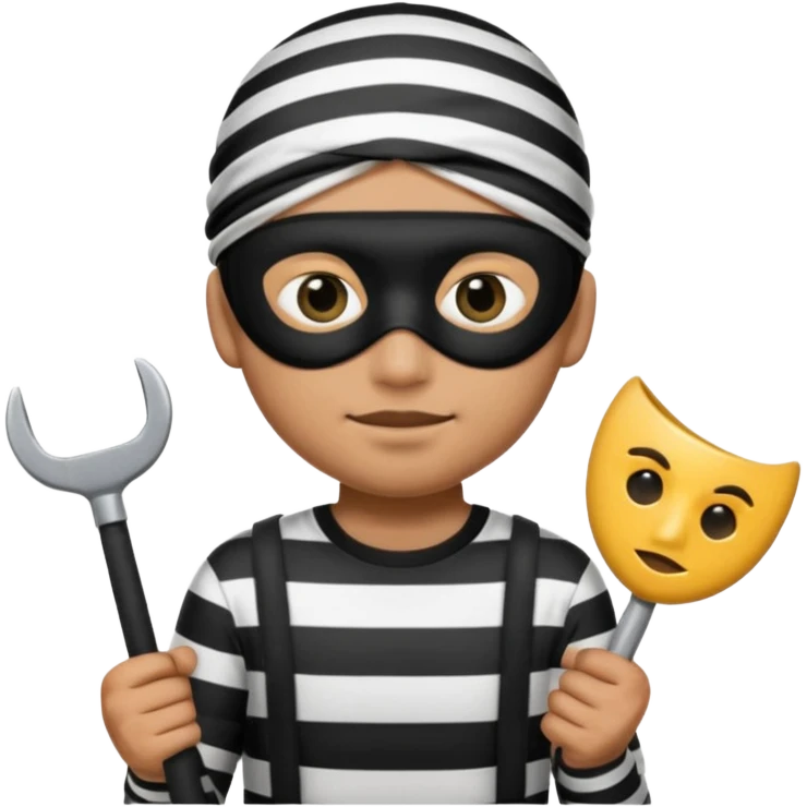 Thief emoji with striped black and white shirt eyemask and thief stuff emoji