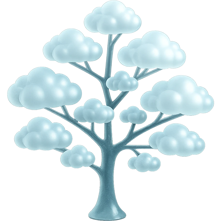 one tree with many branches, each branch covered with many small, very bright white, fluffy, convex clouds, matte glass style, rich color, minimalism emoji