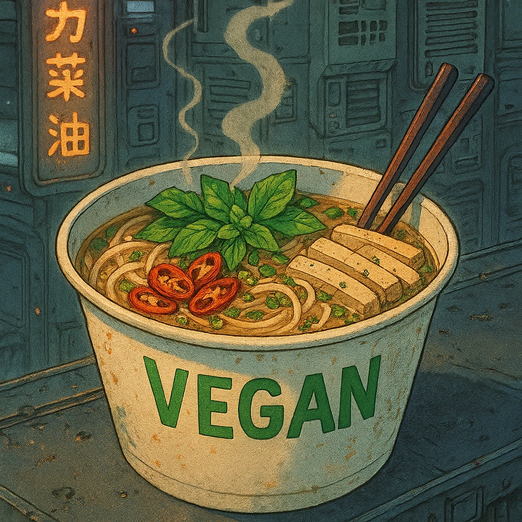 cyberpunk futuristic, scifi, a bowl of delicious VEGAN pho, ramen, 1990s, paper cup emoji