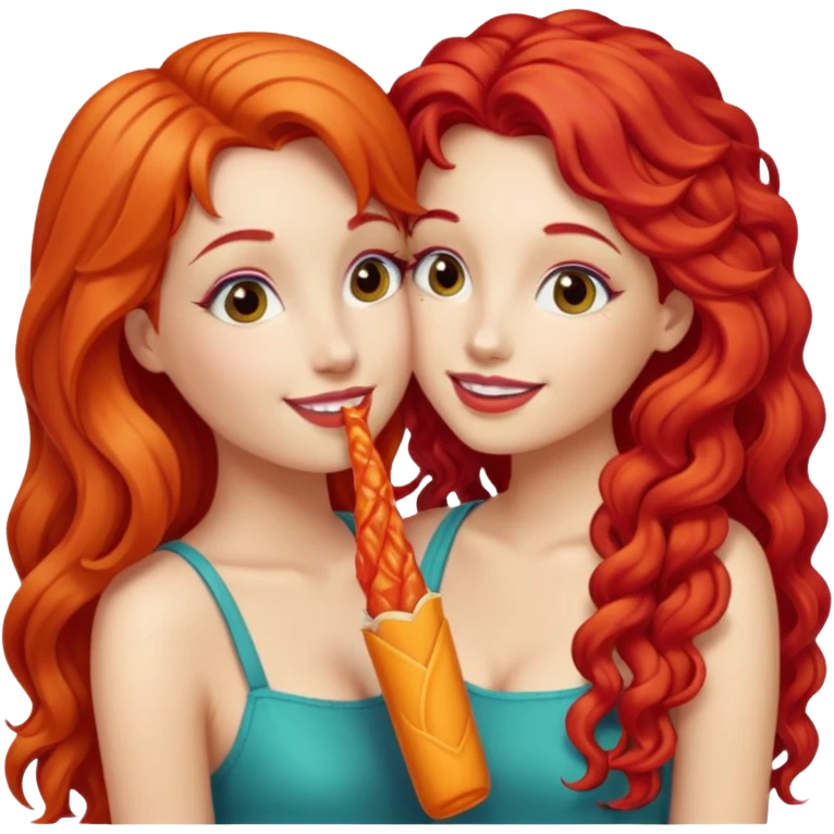 two girls kissing, one with long straight hot cheeto  red hair, the other with long curly blonde hair emoji