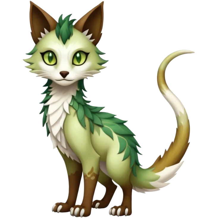 Kawaii dark edgy brown beige white fantasy ethereal feline-vernid-sergal-fursona animal creature with a tufted tail full body with intricate markings, hazel-gold-green eyes emoji