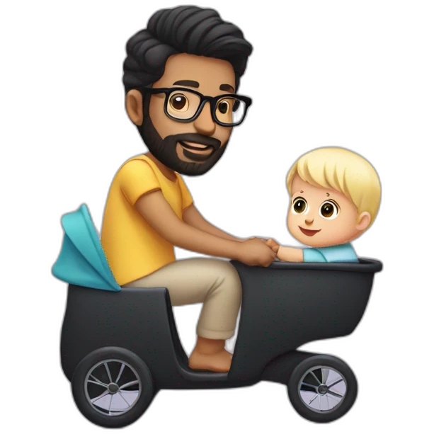 Black haired man with beard and glasses pushing buggy with blonde baby emoji