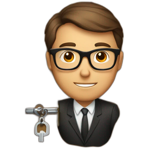 brown-short-haired classy man wearing glasses, struggling to fit a key into a wooden door-lock emoji