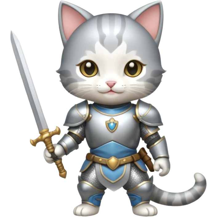 baby chibi cat in silver armor, full body, smile, hold sword emoji