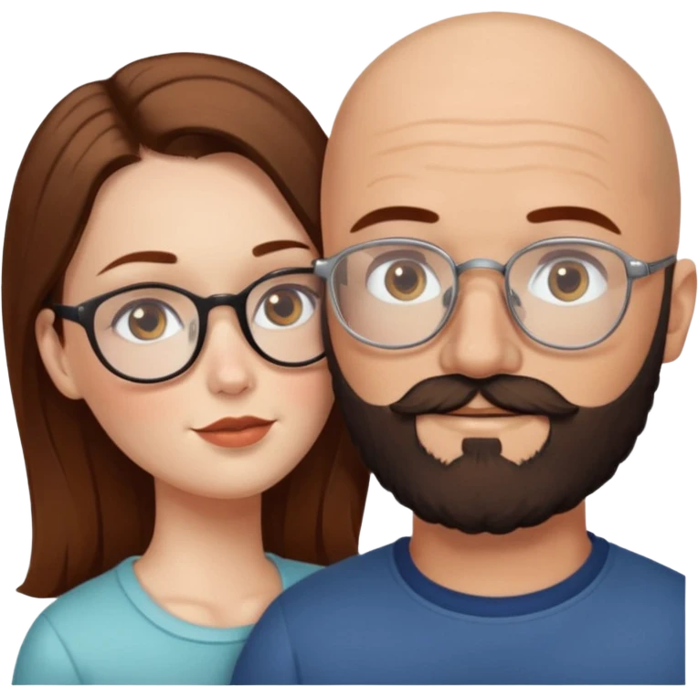 Couple. Bald man with dark brown-black beard. White woman with many small, faded freckles, she has white skin and she has auburn-brown-cinnamon, dark long hair. She has light brown eyes. The man have hazel eyes and glasses. She don’t wear glasses. Retro style. She kisses him. emoji