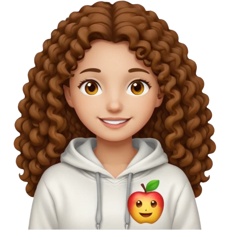 Una ragazza con una felpa semplice bianca,ha gli occhi marroni,i capelli marroni  , c’è gli ha lunghi e ricci  e ha le ciglia lo stile dell immagine deve essere  stile emoji apple emoji