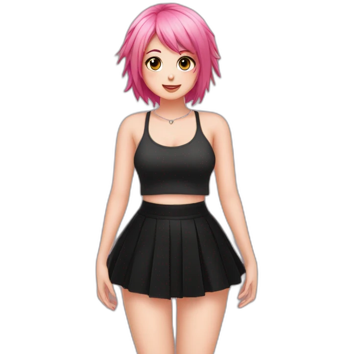 Full body Front view curvy emo girl pink hair sits on the floor straight view hands up black skirt полосатые рваные чулки emoji
