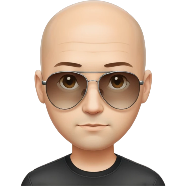 Oval-faced man with large forehead, aviator sunglasses with metal frame, extremely short dark hair with completely bald sides (skin fade), light tan skin, friendly neutral expression, black shirt emoji