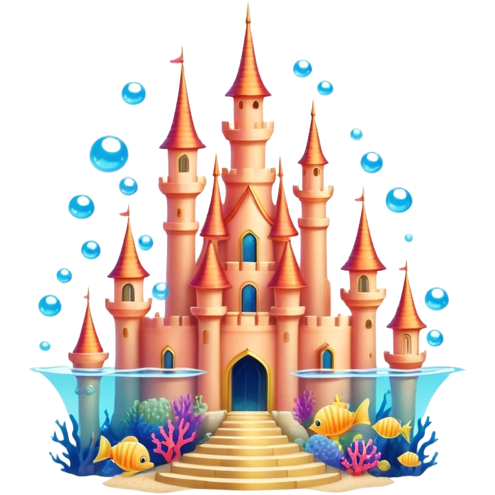 Ariel's underwater castle from The Little Mermaid, golden spires, colorful coral, seashell architecture, bubbles emoji