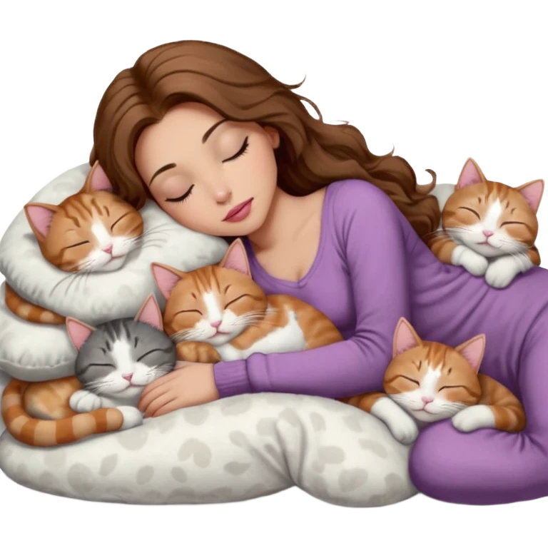girl with long wavy brown hair, brown eyes, long lashes makeup, sexy pink lips, light to medium complexion,  sleeping on a cozy pillow, with 6 cats: 1 brown and white tabby cat, 1 ginger and white, 2 grey and white, 1 grey has white mittens and small white patch on its chest and 1 calico, sleeping emoji