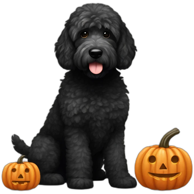 A black goldendoodle with grey spots, sitting next to a jack o’ lantern emoji