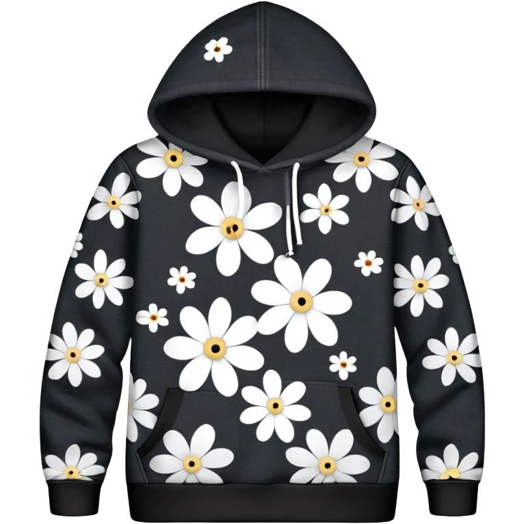 The BLACK Denim Tears Hoodie features a black base with distinctive white and black  open flower spots with empty space in the middle, These hollow ring-like patterns are scattered across. BLACK AND WHITE FLOWERS emoji