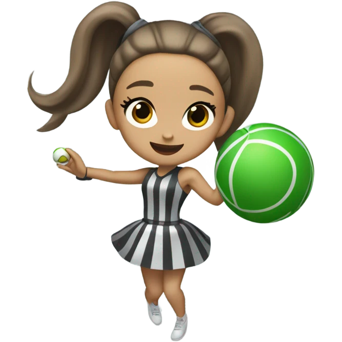 Ariana grande throwing a green ball with striped squares around it and a grey tag that’s metal and round  emoji