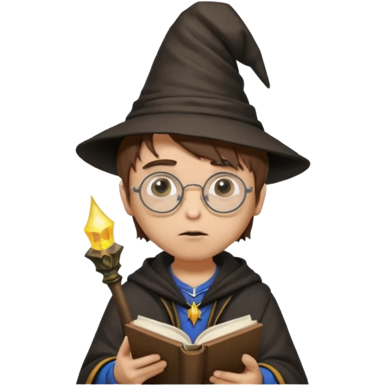 ["A sad boy with light skin, straight hair, wearing a wizard hat and round glasses, dressed in punk fashion, is reading a book while holding a phone."] emoji