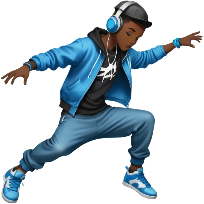 Icon for Street Dance: a dancer in urban streetwear performing a dynamic breakdance move, with a spray-painted background and headphones. The icon should represent the energy, style, and creativity of street dance culture. Transparent background. emoji