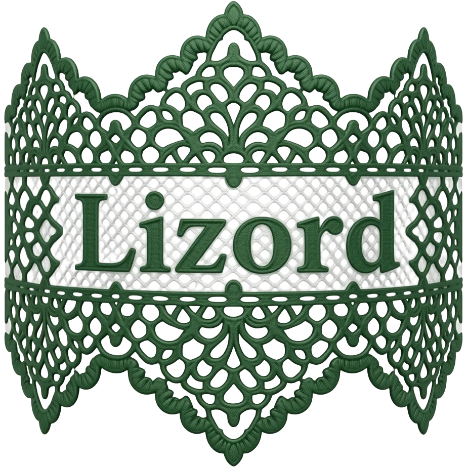 freestanding lace write "Lizord" product design, Russian style, white and deep Green colors, white background, lightbox --ar 2:3 --v 7 --profile z5ilm5w --style raw emoji