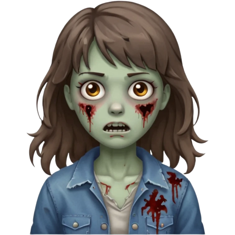 Uma menina zombie com um cabelo ondulado médio, com a franja pro lado esquerdo, o cabelo com cor castanho  emoji