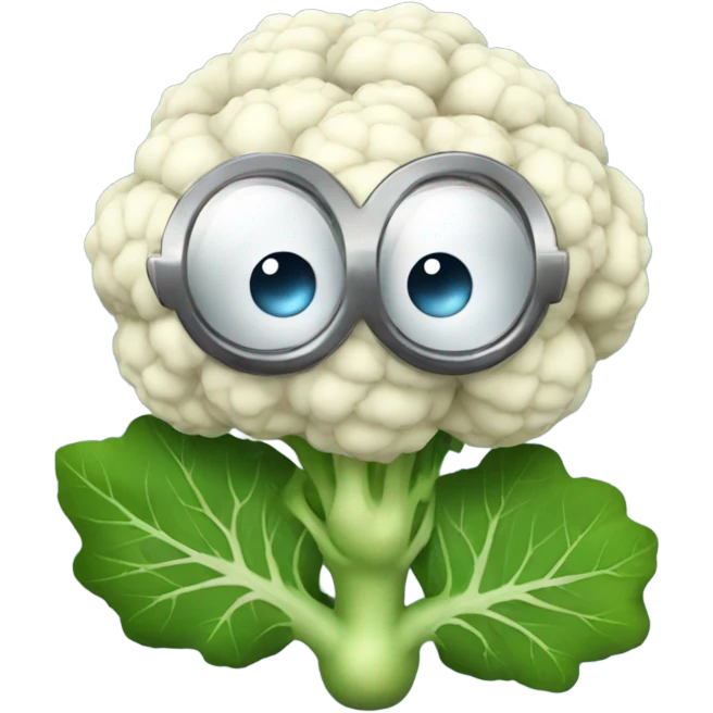 Cauliflower with cute big eyes holding a mirror, surrounded by leaves. emoji