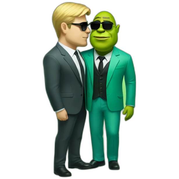 shrek kissing with white-guy-in-gradient-green-blue-suit-with-blonde-hair-and-black-sunglasses-standing-with-black-shoes emoji