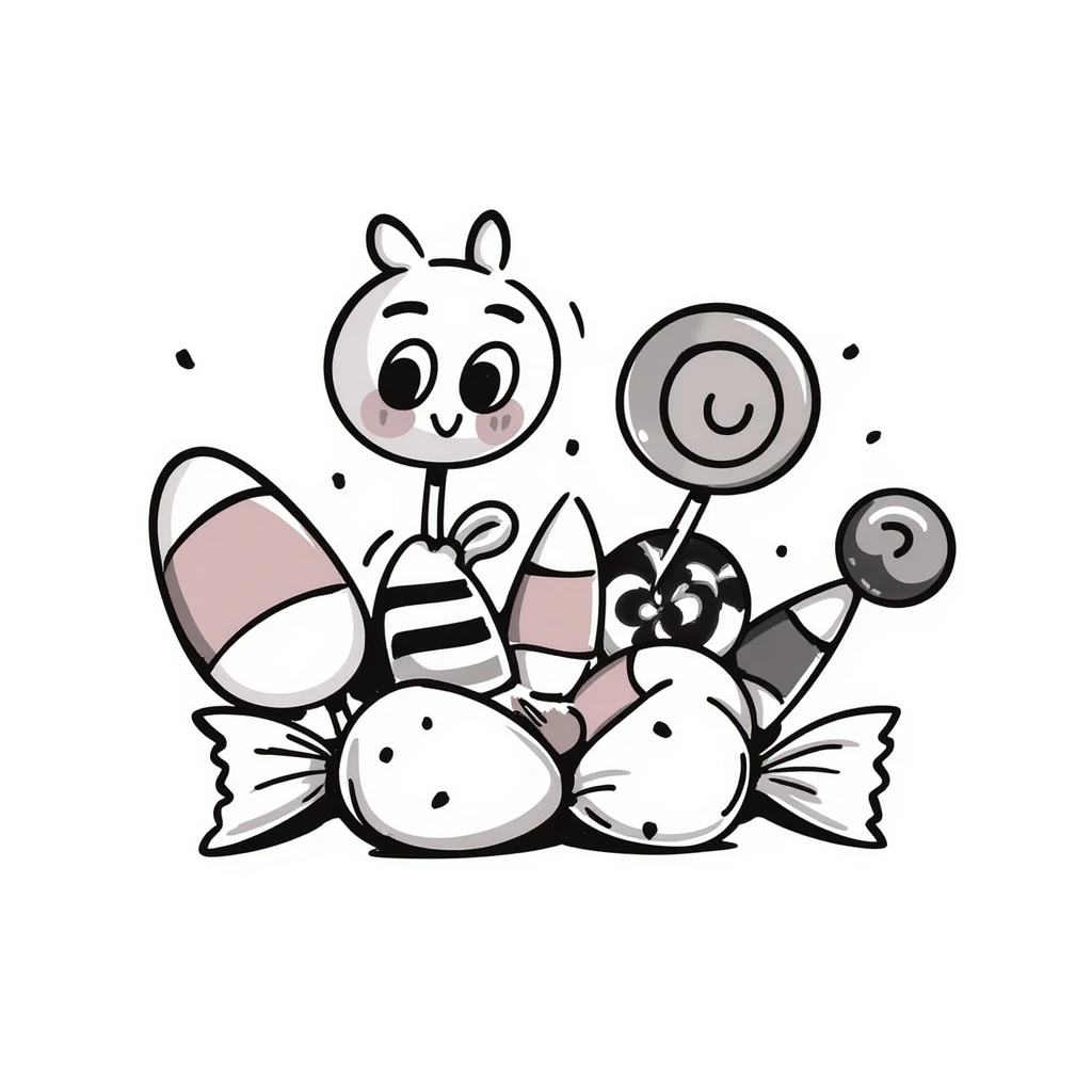 Halloween candy assortment with candy corn, wrapped candies, and lollipops in pastel colors (dd9fb0, ffc6d3, a3bfc9, c4bee2, f1b091), hand-drawn doodle style emoji