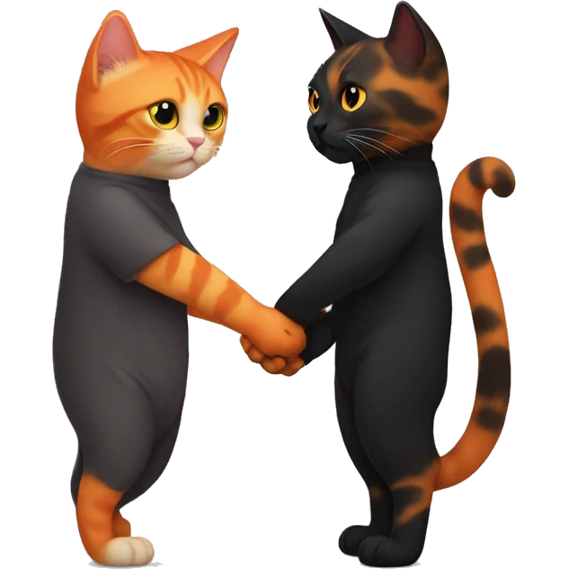 orange cat and black tortiseshell cat holding hands emoji