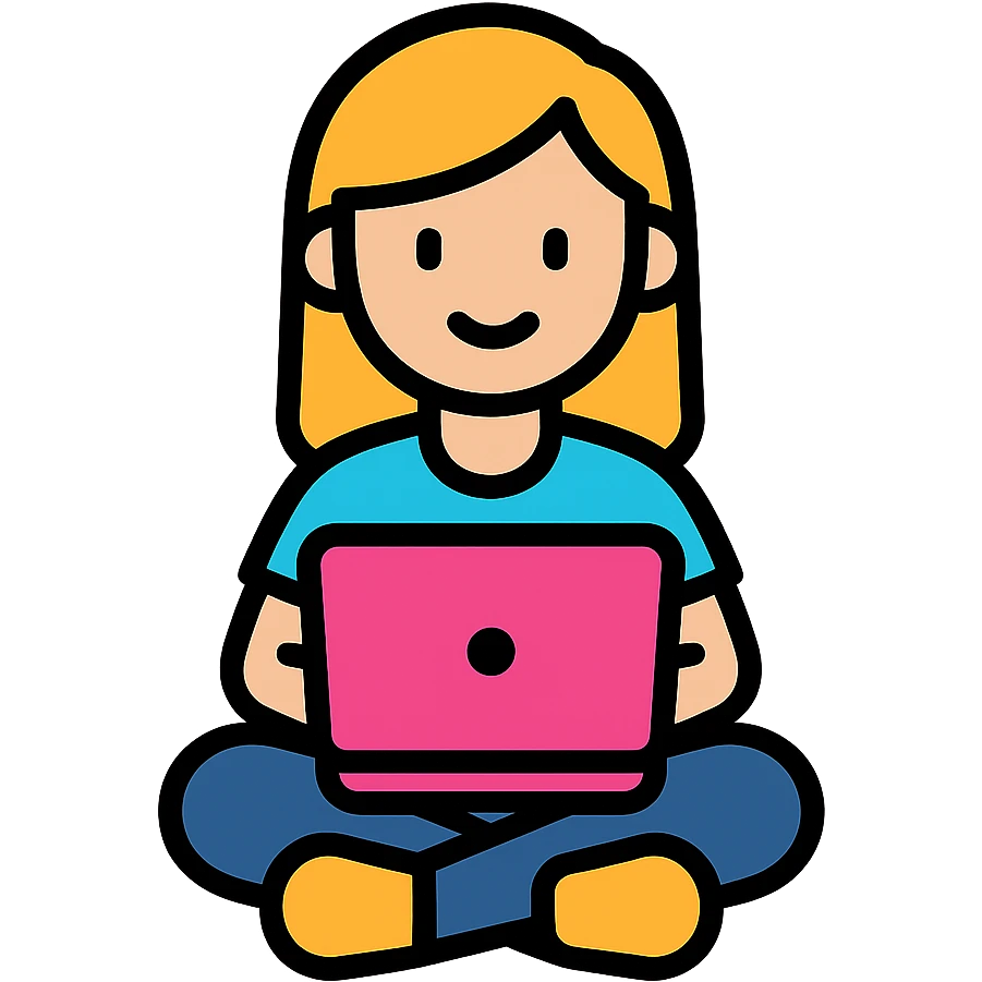a girl with a pink laptop sitting cross-legged, color outline icon style emoji