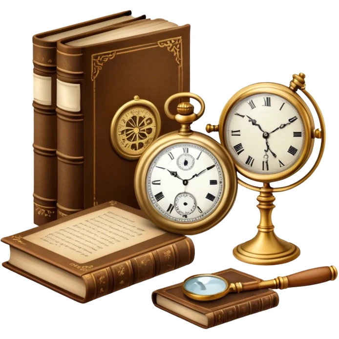 Icon for Antiques Collecting: antique carved  table, a vintage pocket watch and a porcelain figurine, all placed on a wooden antique carved table surrounded by aged books and a magnifying glass. The icon should evoke the elegance and history of antique collecting. Transparent background. emoji