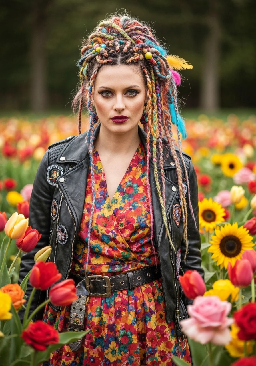 Closeup photo of a woman around colorfull flowers wearing alternative fashion emoji