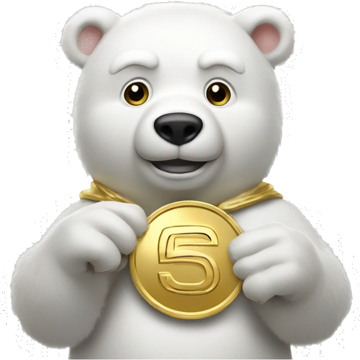 white bear with gold coin with "50" write in gold coin in hands emoji