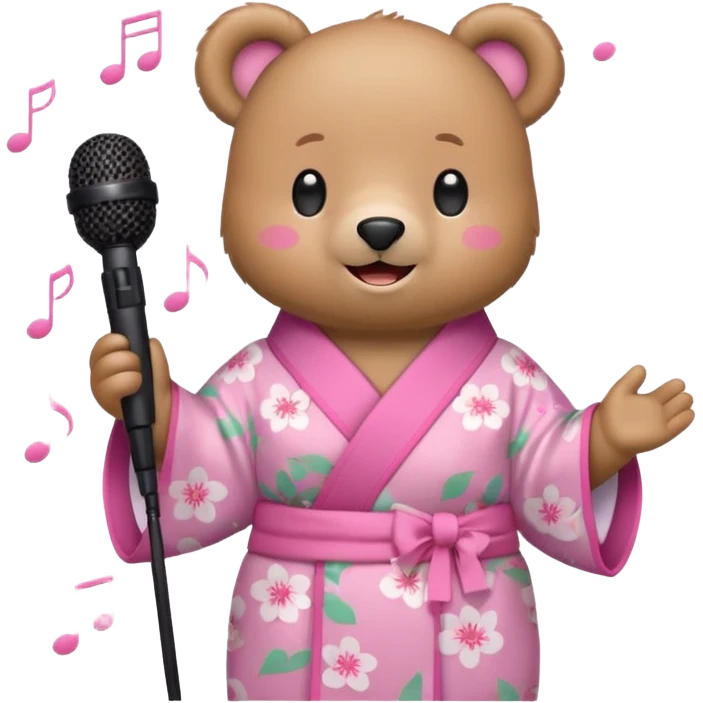 A cute light-brown bear wearing a pastel pink sakura-patterned kimono, normal balanced body ratio.  
Holding a microphone and singing happily, music notes floating around and a bright joyful smile.  
Kawaii emoji style, minimalistic clean sticker illustration, white background. emoji
